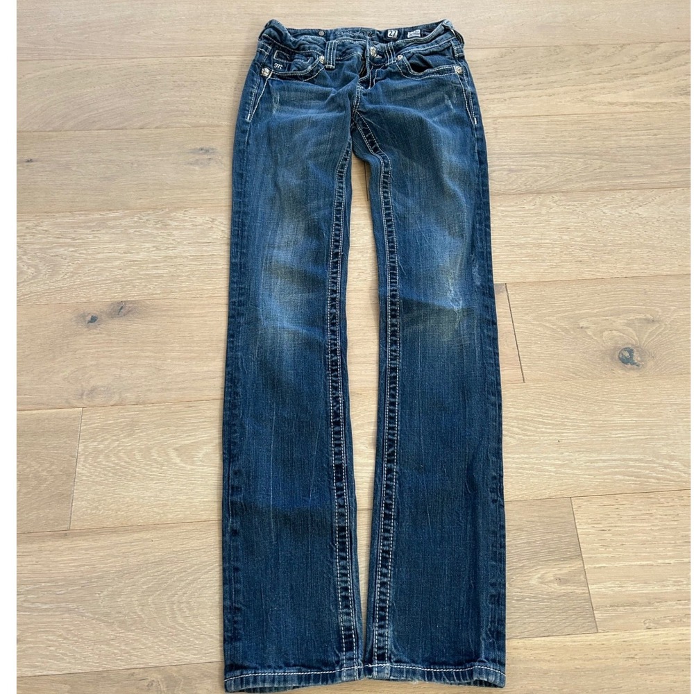 Miss Me Distressed Straight Jeans Womens 27 Y2K Cowgirl Glam Contrast Stitch
